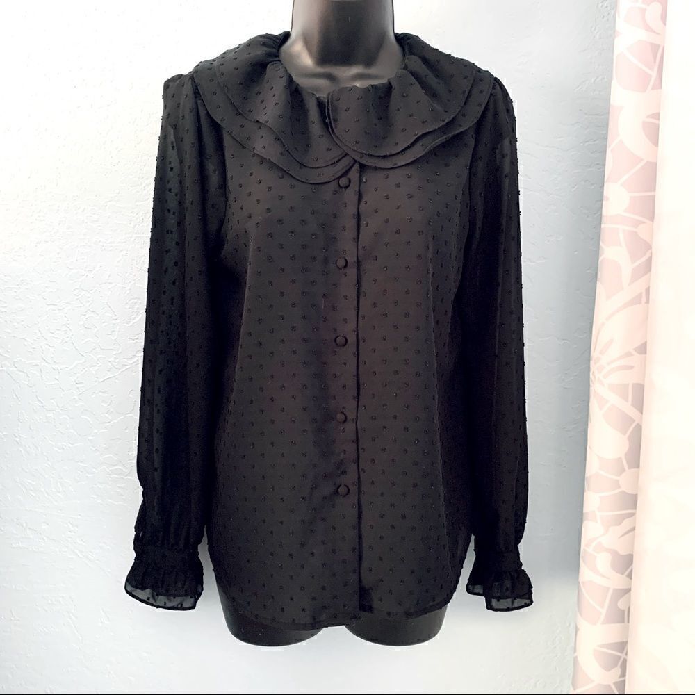 Who What Wear Black Swiss Dot Ruffled Button Down Blouse Size XS